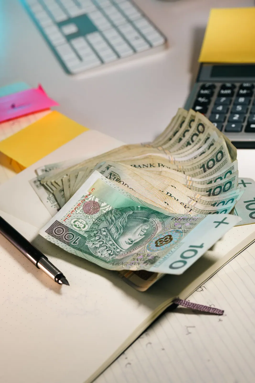 أوراق نقدية وآلة حاسبة ودفتر على مكتب — تقليل تكلفة الطباعة